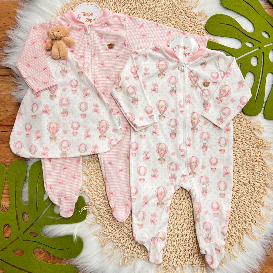 Kit 2 Macacões + Naninha Ursinha - Ursinha no Balão - Rose e Rosa